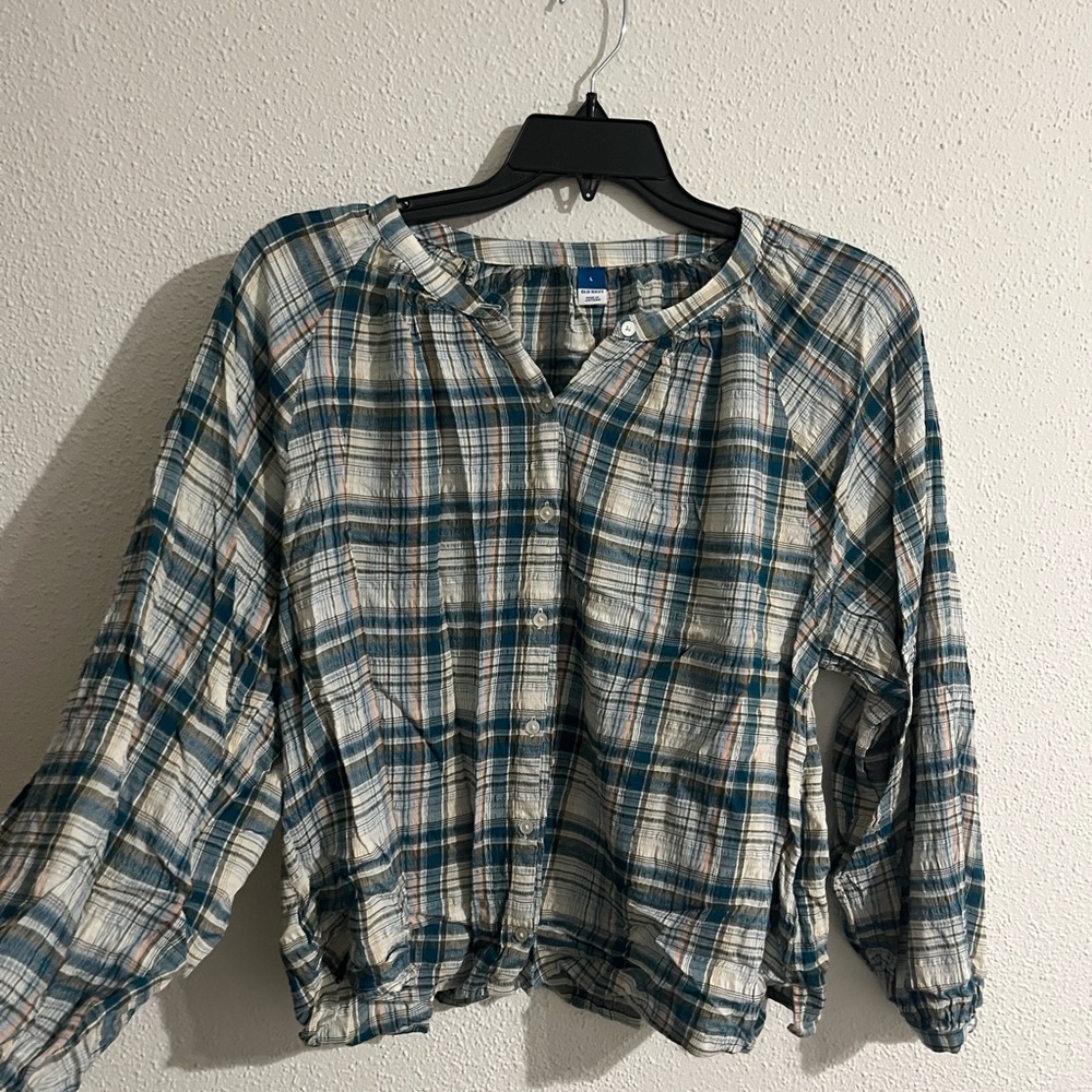 Old Navy Teal and Cream Plaid Button-Front Top